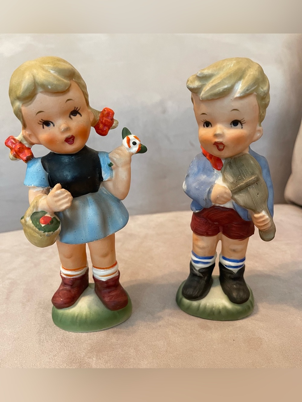 Vintage Dee Bee Co. Japan Boy & Girl Figurine Pair - Mid-Century Hummel Style